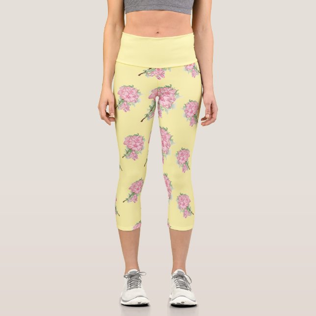 Leggings Capri Fleurs roses jaune motif (Recto)