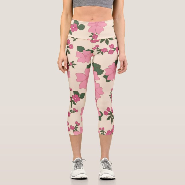Leggings Capri Fleurs Roses, Motif Floral, Motif De Fleurs (Recto)