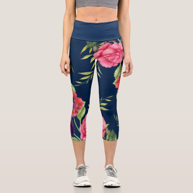 Leggings Capri Fleurs roses rouges modernes chic sur pattes de ma (Recto)