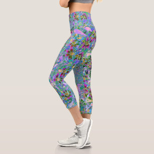Leggings Capri Fleurs sauvages rétro violet, vert et bleu sur ros