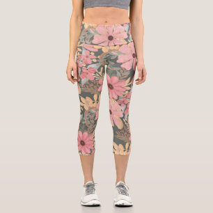 Leggings Capri Fleurs vertes rose Sage Laisser Motif Aquarelle