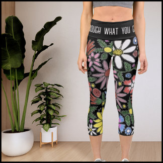 Leggings Capri Floral Pattern White Modern Inspirational Quote