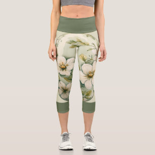 Leggings Capri Floral vert sur vert clair avec bande vert foncé