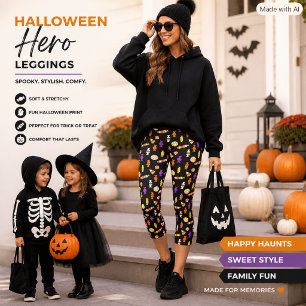 Leggings Capri Friandises de style Halloween sur fond noir