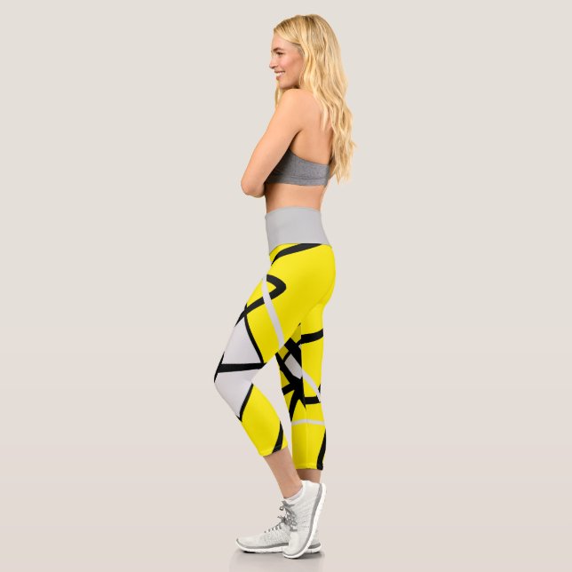 Leggings Capri Funky Abstrait Art Jaune Jambes Grises Noires (Gauche)