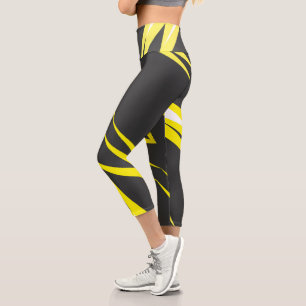 Leggings Capri Funky Bold Abstrait Art Charcoal Jaune