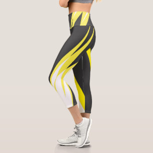 Leggings Capri Funky Bold Abstrait Art Charcoal Jaune