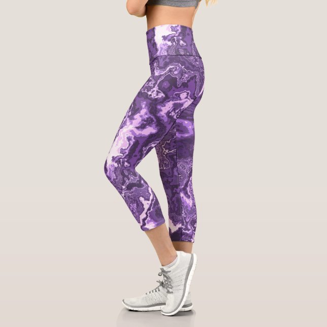 Leggings Capri Funky Trippy Bohème Hippie Marbre Violet Monochrom (Gauche)