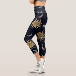 Leggings Capri Gold Moon Sun Mandala Blue Night Sky Motif