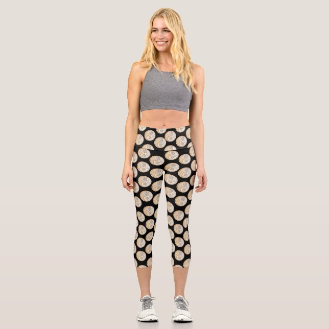 Leggings Capri Gold & Silver Yin Yang Scattered Black Background (Recto)