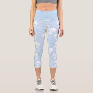 Leggings Capri Gothique pastel élégant crânes bleu ciel botanique