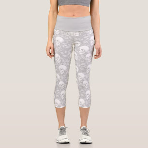 Leggings Capri Gothique pastel élégant crânes gris botanique