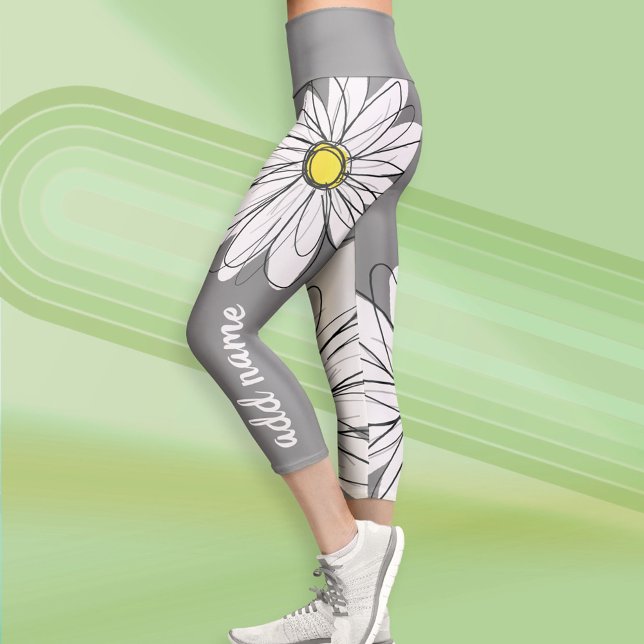 Leggings Capri Grande marguerite moderne avec nom de script (Custom Daisy Leggings)