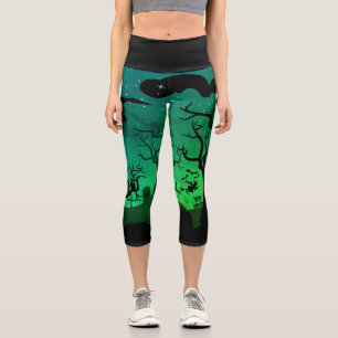 Leggings Capri Halloween néon vert et noir hanté cimetière Hallow