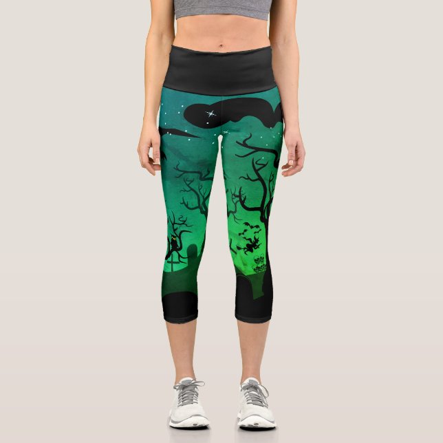 Leggings Capri Halloween néon vert et noir hanté cimetière Hallow (Recto)