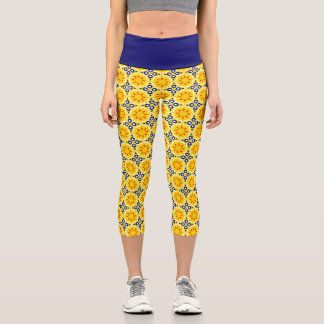 Leggings Capri Heure d'or en bord de mer : Jaune d'or et bleu mar