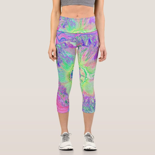 Leggings Capri Hibiscus psychédélique à lèvre verte et violette (Recto)