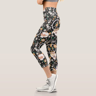 Leggings Capri Hippie Halloween Skulls et Fleurs Motif