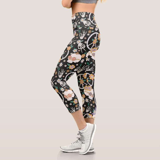 Leggings Capri Hippie Halloween Skulls et Fleurs Motif (Gauche)