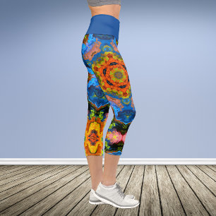 Leggings Capri Hippie psychédélique Orange Bleu et Légendes Verte
