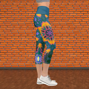 Leggings Capri Hippie psychédélique Orange Bleu et Légendes Verte