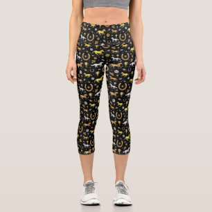 Leggings Capri Hippodrome Horseshoe Derby Motif Black Gold