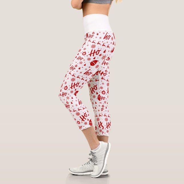Leggings Capri Ho Ho Ho Ho Motif de Noël blanc et rouge (Gauche)
