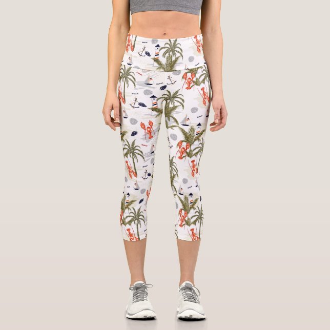 Leggings Capri Homards des phares nautiques, palmiers tropicaux (Recto)