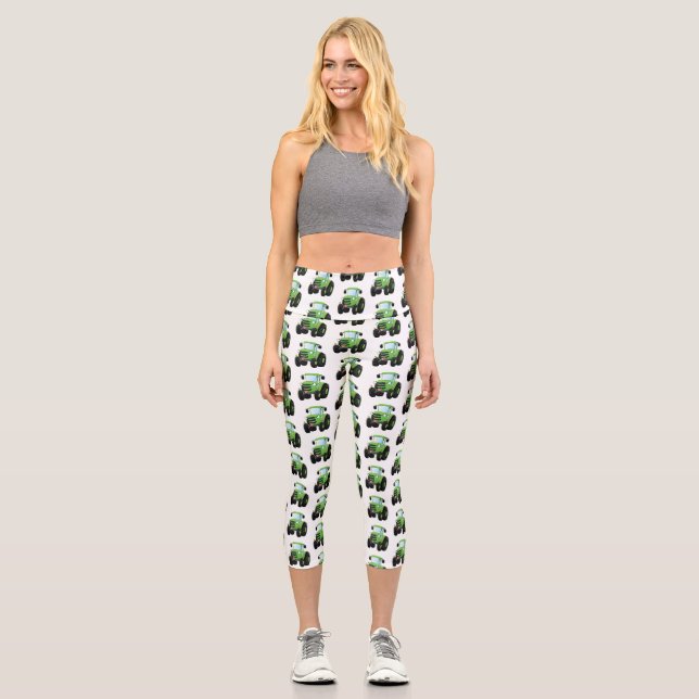 Leggings Capri Illustration du joli joyeux tracteur agricole vert (Recto)