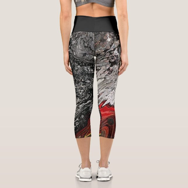Leggings Capri Impression Abstraite de flux statique noir, blanc  (Verso)