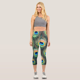 Leggings Capri Impression de plume de paon exotique vibrant