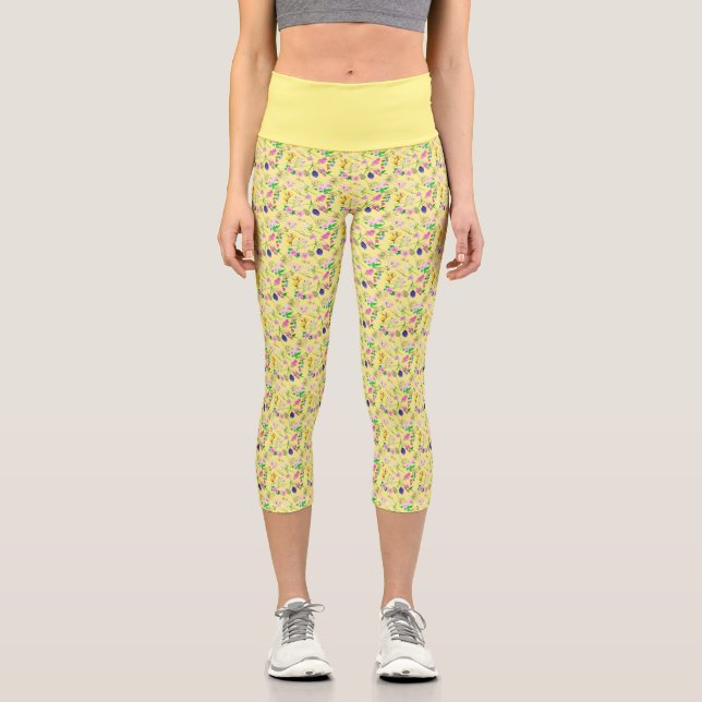 Leggings Capri Impression fleur sauvage délicate en jaune clair. (Recto)