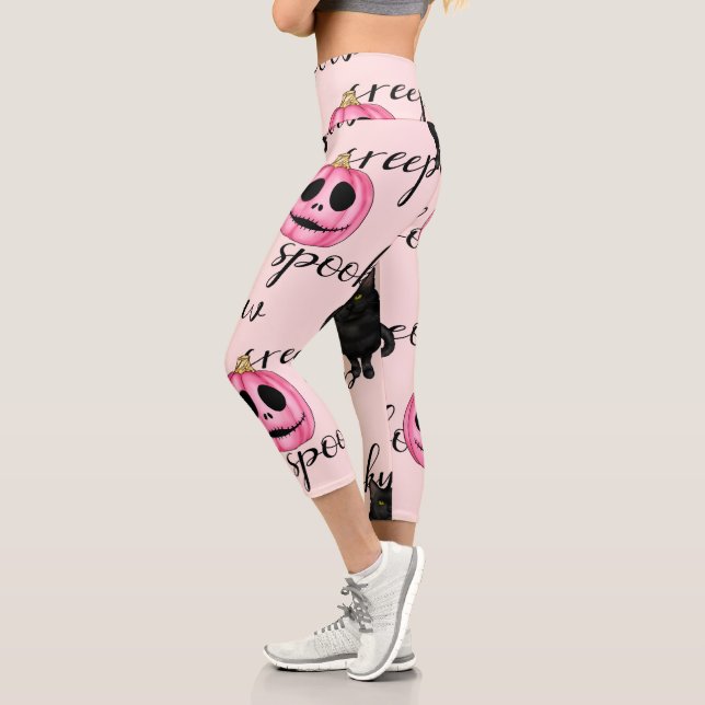 Leggings Capri Jack-O-Lantern rose et chat noir (Gauche)