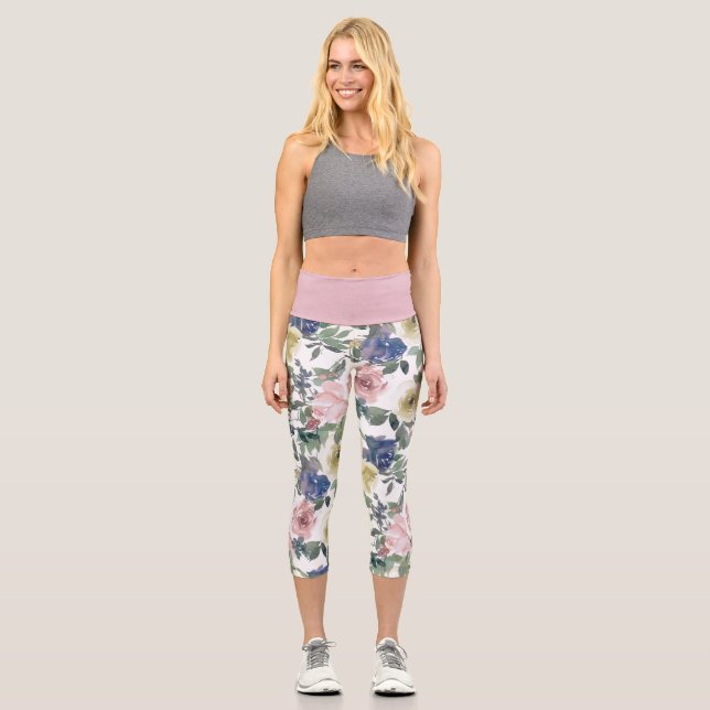 Leggings Capri Jardin Rose Floral Crème Bleue Champagne Blanc Ros (Recto)