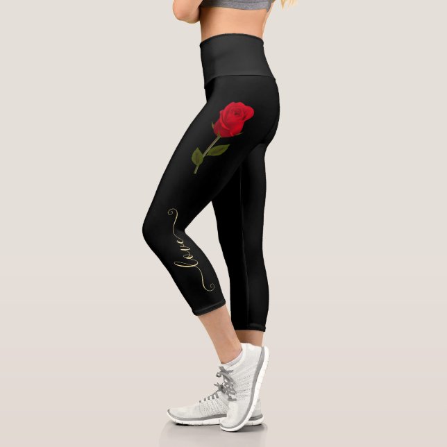 Leggings Capri Je vous aime Rose rouge sur Noir et Or Personnalis (Gauche)