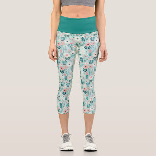 Leggings Capri Joli bleu et rose pastel Fleurs d'Art folklorique