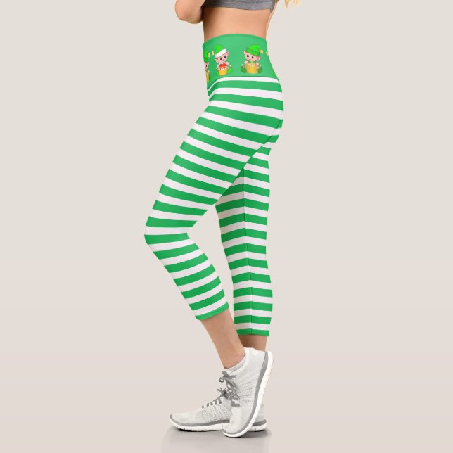 Leggings Capri Joli elfe de Noël sur rayé vert & blanc (Gauche)
