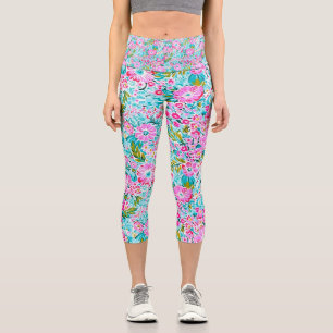 Leggings Capri Joli rose Aqua Bleu Chic tendance Pastel Floral