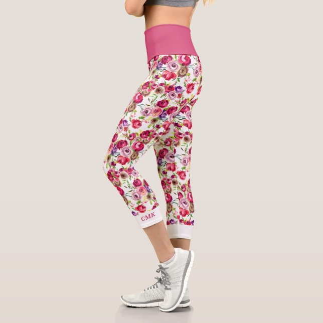 Leggings Capri Joli Rose Rose Floral Chic Girly Monogramme (Gauche)