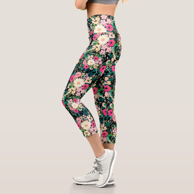 Leggings Capri Jolies fleurs colorées Botanique Noire (Gauche)