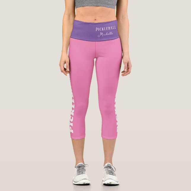 Leggings Capri Joueur de Pickleball Nom personnalisé Purple Rose (Recto)