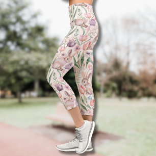 Leggings Capri Lapin Gris Mignon avec des Tulipes Colorées