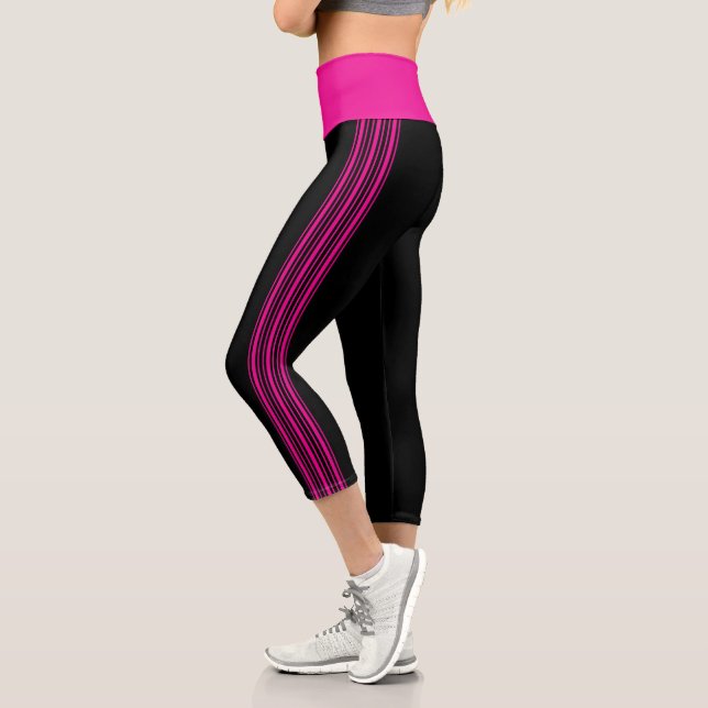 Leggings Capri Légère bande noire et rose chaud Pantalon de Yoga  (Gauche)