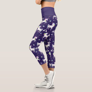 Leggings Capri Licorne Arc-en-Ciel et Étoiles de Coeur Violette M