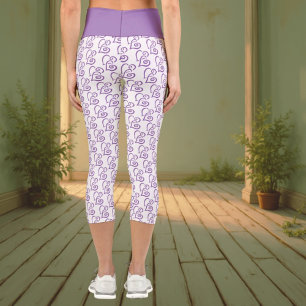 Leggings Capri Lié Coeurs violets Motif sur les pattes blanches
