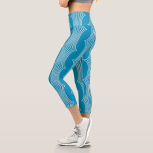 Leggings Capri Lignes blanches Abstraites rétro sur Motif bleu