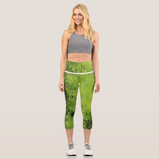 Leggings Capri Lime Green Grunge with Black Accents (Recto)