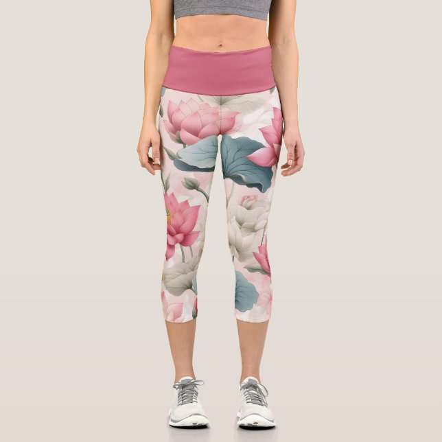 Leggings Capri Lotus romantique en rose, crème et vert tendre (Recto)