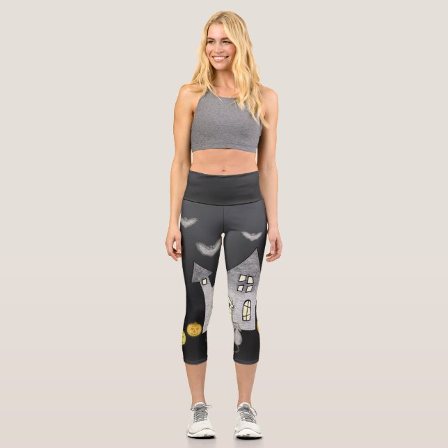 Leggings Capri Maison d'Halloween, Chats noirs, Chats, Chauves-so (Recto)