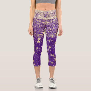 Leggings Capri Mandala avec Gold Stars Parties scintillant violet